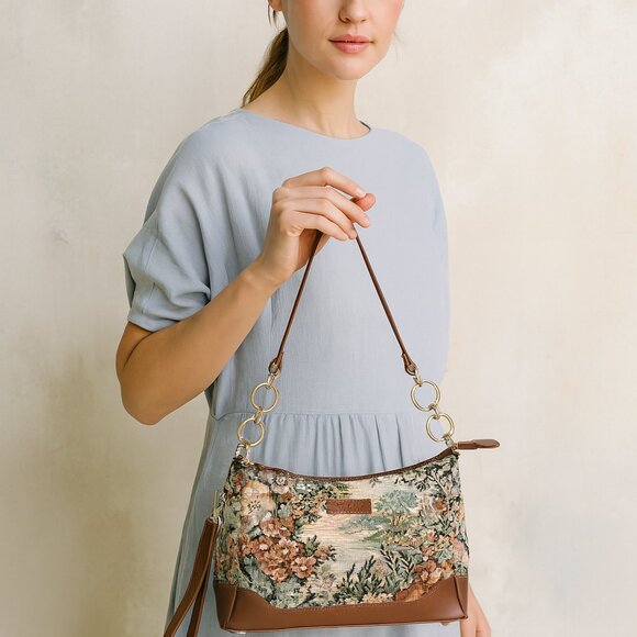 Women’s Botanical Pattern Tapestry Fabric Sling Shoulder Bag, Satchel Purse - Picture 2 of 8